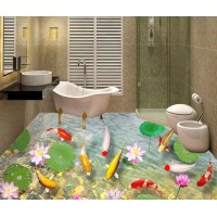 Chinese lotus carp floor printing 3D floor PVC removable sticker for bathroom